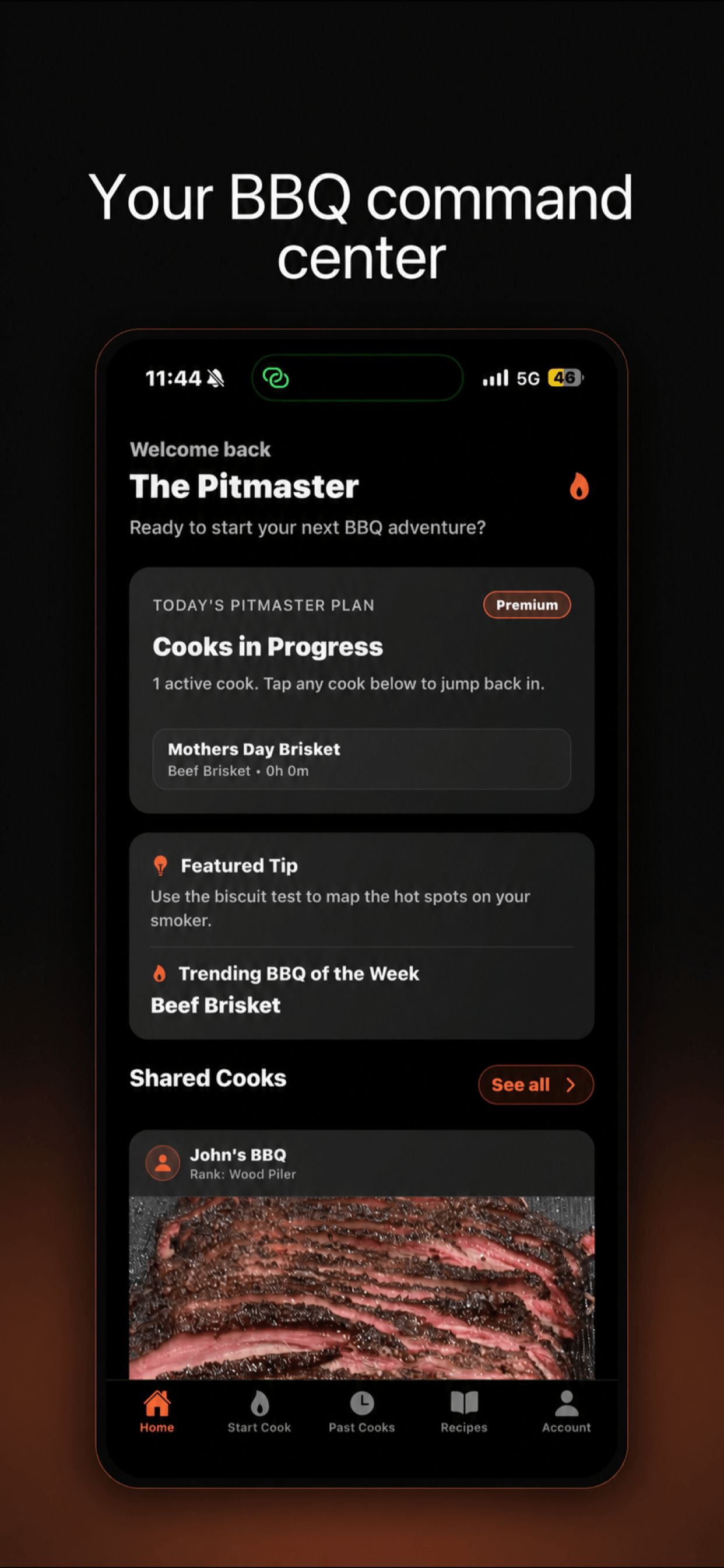MyBBQ home screen with active cooks and shared community feed